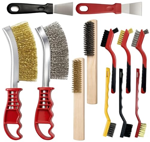 Gobiufy 12 Pcs Wire Brush for Cleaning Metal Brushes Hand Wire Brushes Set | with 2 Scrapers 4 Sizes of Steel Brush, Heavy Duty Brushes for Rust Paint Dirt BBQ Car Detailing Home Maintenance