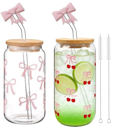 YIPFEN Vasos de Cristal con Tapa y Pajita, Juego de 2 en Rosa, Con Moño, Cepillo y Fundas Protectoras, Seguridad Alimentaria y Diseño Ideal para Bebidas Frías y Regalos