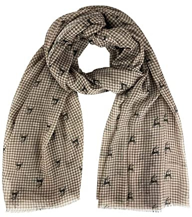 Trachten Halstuch Schal Kariert mit Hirschmotiv 185 x 70 cm | Braun