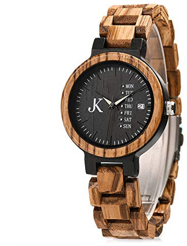 Kim Johanson Damen Holz-Edelstahl Armbanduhr *Dark Week* mit Datum- & Tagesanzeige Handgefertigt Quarz Analog Uhr inkl. Geschenkbox