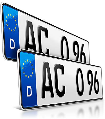 2 Kfz Kennzeichen | 440 x 110 mm | Kurze Autokennzeichen | Nummernschilder | DIN-zertifiziert – Wunschkennzeichen mit individueller Prägung | Sportliche Auto-Schilder | Kurze Länge – 44 cm