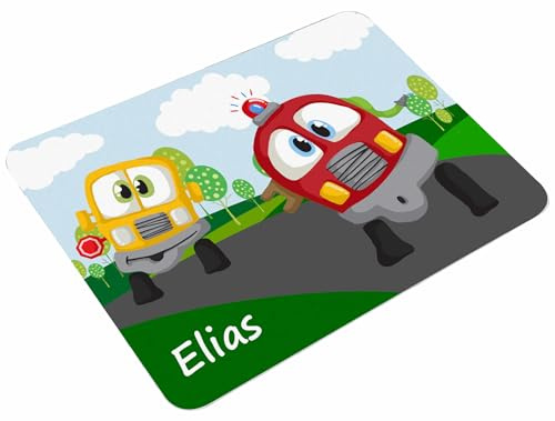 CreaDesign Personalisiertes Kinder Frühstücksbrett mit Namen,20x25cm,rutschfestes Schneidebrett aus Kunststoff,Auto Cartoon Design,spülmaschinen & mikrowellengeeignet,Perfektes Schneidbrett für Kinder