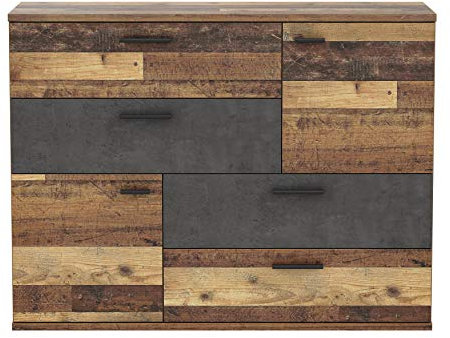 FORTE Skive Kommode mit 2 Türen und 4 Schubkästen, Holzwerkstoff, Old-Wood Vintage Dekor und Betonoptik dunkelgrau, 124.9 x 41.3 x 95.9 cm
