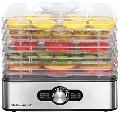Elite Gourmet EFD3321 Deshidratador de alimentos, bandejas de acero inoxidable, controles de temperatura ajustables, ceca, hierbas, frutas, verduras, aperitivos secos, acero inoxidable