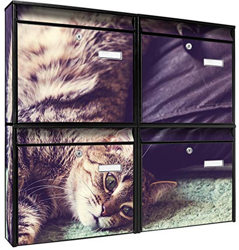 banjado Briefkastenanlage 4 Fach - Postkästen groß - verzinkter Stahl schwarz DIN A4 Motiv Florian - Briefkasten Set 4 Briefkästen Namensschild, 2 Schlüssel, Montagematerial