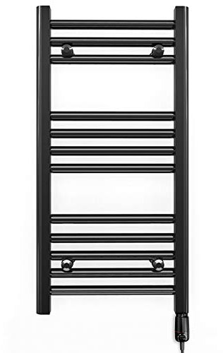 Myhomeware 350mm Wide Black Flat Electric Thermostatic Pre-Filled Towel Rail Radiator For Bathroom Designer UK (Alyssa 350 * 700mm Electric Black)
