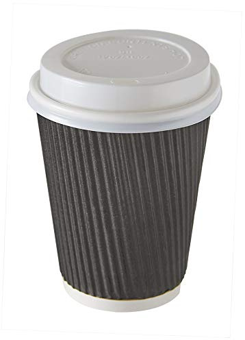 HOT BARGAINS Triple Wall Black Paper Coffee Cups with Reusable Lids, 12oz/360ml Disposable Ripple Cups, Pack of 100