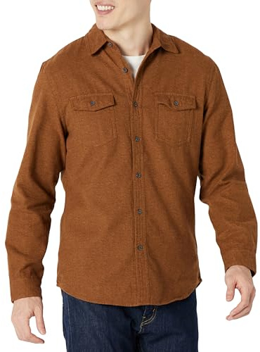 Amazon Essentials Men's Långärmad flanellskjorta med två fickor smal passform, Kolabrun, XL