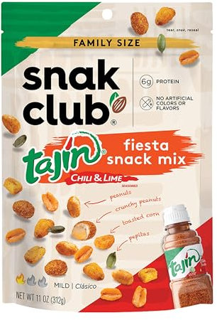 Snak Club Tajin Fiesta Snack Mix Chilli Lime Peanuts Pepitas y Maíz Snacks crujientes Sabor suave Bolsa resellable de 11 onzas