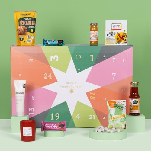 VEGAN BOX® Eco Adventskalender 2025 | 24 Vegane, nachhaltige Beauty & Food Produkte | Veganer Adventskalender | Mix aus Food-, Pflege- & Lifestyle Produkten | Tierversuchsfrei | Bewusster Genuss