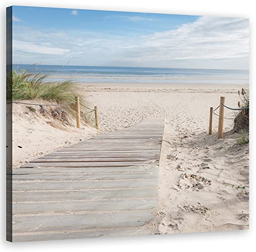 Feeby Bild auf Leinwand Nordsee Ostsee Der Steg zum Strand 40x40 cm Kunstdruck modern Wolken Himmel Sand Beige