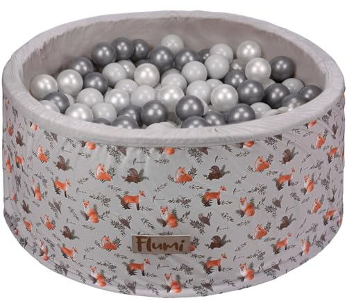 Flumi Personalisierte Bällebad Baby ab 1 Jahr - Bällepool Kinder 90x40cm mit 200 Bällebad Bälle ∅ 7cm in EU hergestellt - Oeko-TEX und CE-Zertifiziert - (Füchse)