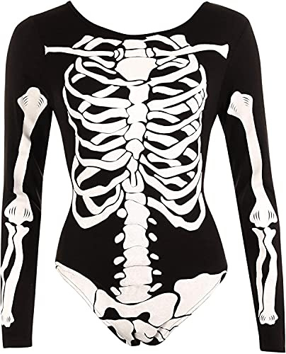 FAIRY TRENDZ Ladies Halloween Skeleton Bodycon Mini Tshirt Dress Womens Scary Leggings Bodysuit Mini Crop Top