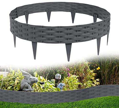 TRMLBE Bordure de Pelouse 100cm 10 Pièces Bordure de Parterre en Plastique Souple Aspect Rotin Clôture de Parterre pour Parterre de Fleurs Jardin Pelouse, Anthracite