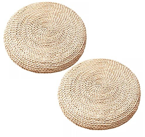 RUYICZB 2 Stück rundes Bodenkissen, geflochtener, natürlicher Jute-gewebter Hocker, Meditationspolster, Yogamatte, multifunktionales, handgefertigtes, umweltfreundliches Strohwebkissen