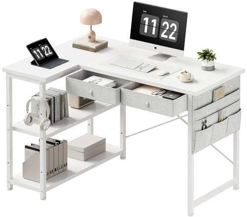Maihail Maihail litet hörnskrivbord med lådor, 99 cm L formade skrivbord för hemmakontor, litet utrymme, hörnskrivbord med hyllor, litet hörnskrivbord med förvaringsväska, metallram för bärbar dator,