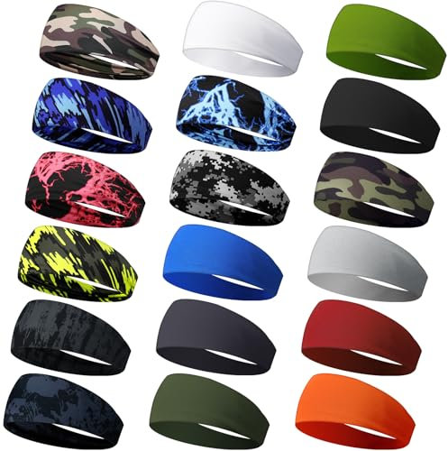 Wavyknot 18 Pcs Sports Sweatbands for Men Women Camo Headbands Workout Non Slip Headbands Breathable Head Band Fitness Stretchy Unisex Hairband for Yoga Running Cycling Ball (Retro Colors,Elegant)