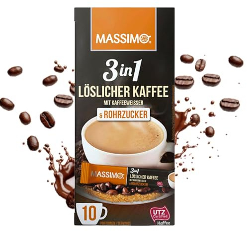 MASSIMO Café soluble 3 en 1 avec café en grains, blanc et sucre de canne - 160 bâtonnets de café instantané de 17 g - Préparation rapide - Lot de 16