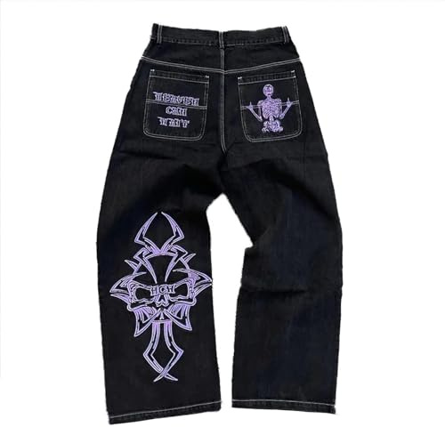 Gotiska Herrjeans, Högkvalitativa Denim med Unikt Kors och Dödskallebroderi, Y2K Vintage Baggy Stil, Löst Sittande med Raka Ben(Purple,L)