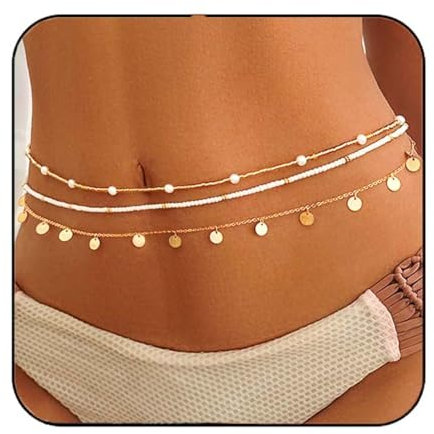 Reaky Boho geschichtete Pailletten Taille Bauch Ketten Gold Perlen Taillenkette 3 Stück Perlen Körperketten für Frauen, Einheitsgröße, Kunststoff, /