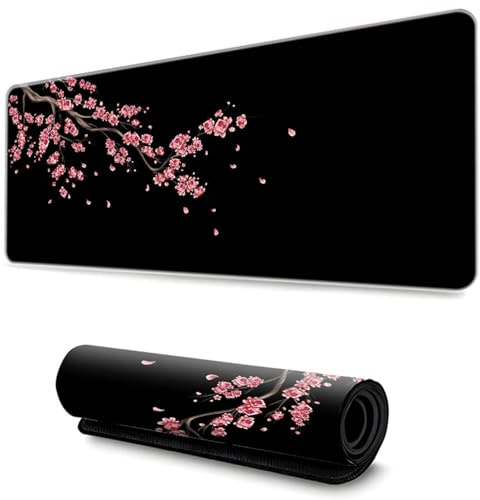 Hixingo Sakura Noir Tapis de Souris XXL/XL/L, Tapis de Souris Gamer, Tapis de Souris en Base Antidérapante, Tapis Souris avec Bords Cousus, Convient pour Gaming, Maison (900x400x3mm,Rouge 2)