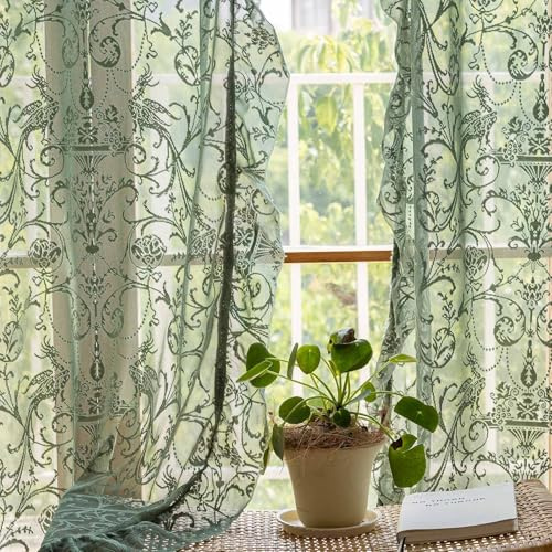 TUDECO Grüne Spitzenvorhänge, 183 cm Länge, 2 Stoffbahnen viktorianische Olivgrün, durchscheinende Florale Vorhänge für Schlafzimmer, Kinderzimmer, Boho-Rüschen, Privatsphäre für Tür, Schrank