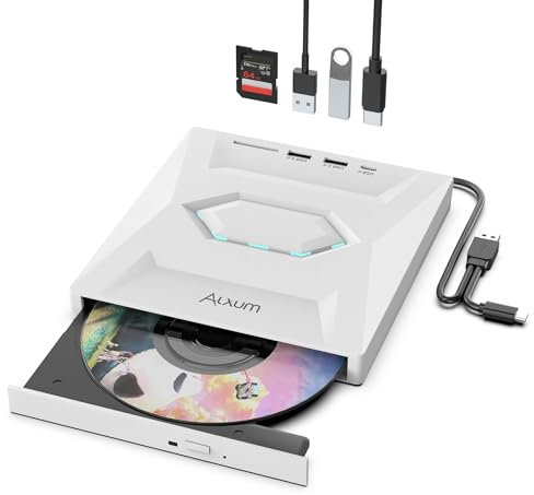 Alxum Lecteur CD Externe pour PC Graveur CD USB 3.0 Type-C avec Fente SD et Ports USB Lecteur DVD 8X CD 24X Super Fast Speed pour Ordinateur Portable/Window/Mac OS/Linux/Vista