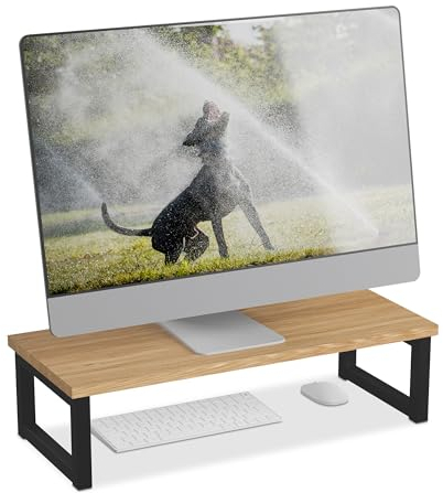 Relaxdays Monitorständer, Bildschirmerhöhung für Schreibtisch, HxBxT: 15 x 55 x 23 cm, Industrial Design, Natur/schwarz