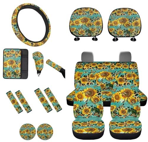 STUOARTE Autozubehör-Sets mit Sonnenblumen-Schmetterlings-Druck, 16-teilig, inklusive Auto-Vordersitzbezug, Lenkradbezug, Sicherheitsgurtpolster, Armlehnenpolster, Schalthebelbezug,