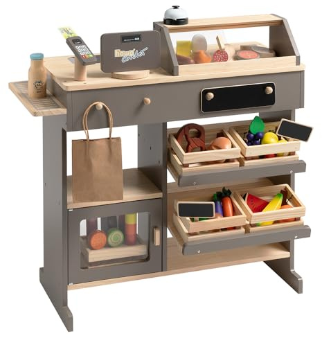 howa Kaufladen Holz Kaufmannsladen mit 40-teiligem Kaufladen Zubehör 14755 | Holzspielzeug Kinderkaufladen mit 40-teiligem Kaufladenzubehör, Spielkasse mit Spielzeugkartenleser, Kreidetafel natur/taupe