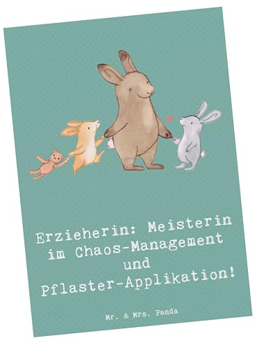 Mr. & Mrs. Panda Postkarte Erzieherin Chaos-Management - Geschenk, einzelkarte, Berufsliebe, Beruf, Ansichtskarten, Handgefertigt, Postkarten, Hommage, Ansichtskarte, Multitalent, besondere Schätze