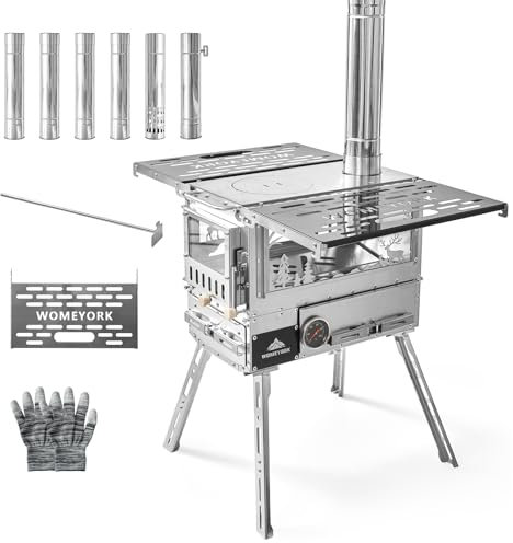 WomeYork Estufa de tienda de campaña al aire libre con horno, estufa de leña portátil con tubo de chimenea para tienda de campaña, refugio, calefacción de camping y cocina (plateado)