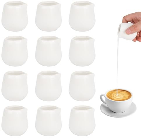 Trendecor 12 PCS White Small Porcelain Milk Jug, 60ml Mini Milk Jug Porcelain Syrup Server Mini Creamer Jugs Without Handle Reusable Fingerprint Creamer Pitcher for Serving Milk Coffee Tea