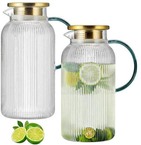 Buaic Glaskrug mit Deckel, 2 l, vertikale Streifen, Wasserkrug mit grünem Griff, Glaskaraffe für kaltgebrühtes Gebrühen, Kaffee, Limonade, Eistee, Getränke, hitzebeständig, 2 Stück