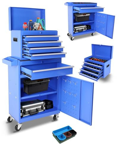 Fitenlor Werkzeugkasten, 2-in-1-Werkzeugkästen mit 5 Schubladen, Werkzeugwagen mit 7 Organizer-Tabletts, Trennwand-Set und Rollen, großer Rollwerkzeugkasten-Organizer für Garage, Werkstatt,