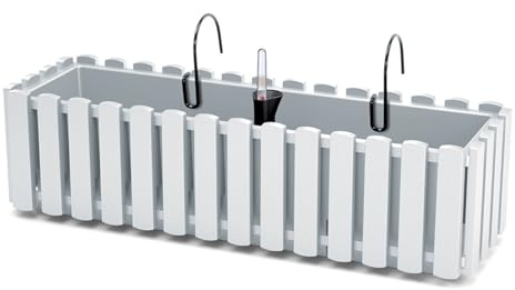 B2C Window Fence Hanging Flower Pot Planter 2 Sizes 4 Colours Rustic Slat Farm House Design UK Self Watering Kit (White, Large - 58cm)