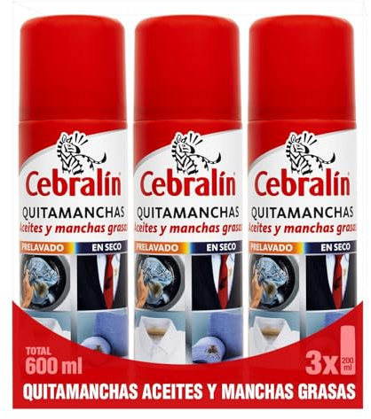 Cebralín - Quitamanchas en Aerosol, para Manchas de Aceite y Grasas en Textiles, Uso en Seco y Prelavado, Apto para Tejidos No Lavables - Pack de 3 x 200 ml = 600 ml