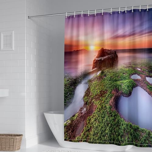 AMDXD Duschvorhang Eckdusche 165x200cm, Polyester Badewannenvorhang Sonnenuntergang Baum, Schnelltrocknender Stoff Badewanne Vorhang mit Duschvorhangringen, Grün Orange Lila