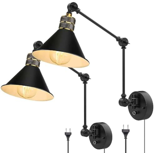 AoLa Schwenkarm Wandleuchten Dimmbar mit Schalter, Innen Vintage Wandlampe mit Stecker und Kabel E27 Verstellbare Lange Arm Nachttischlampe Retro Industrial Schwarz Kegel Lampenschirm Leselampe,2pack