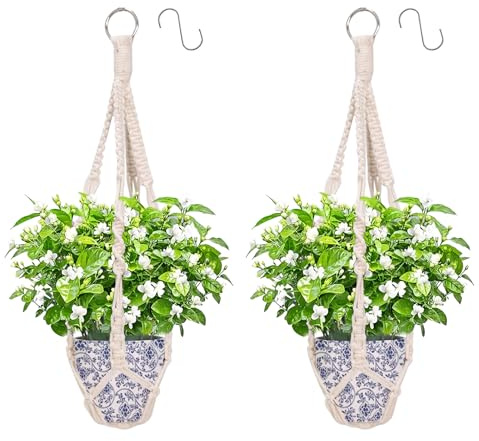 Apstaqeoo Macrame Hanging Planters Baskets, Flower Pot Cotton Rope Plant Hanger Wall Hanging Plant Holder with 2pc S Hooks for Indoor Outdoor Ceiling Garden Balcony Home Decor No Tassels (50CM, 2Pcs)