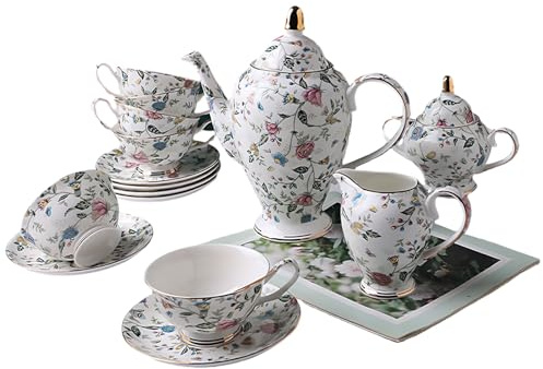 MIATTCLD 15 Piece Porcelain Tea Set Service, British Style Vintage Floral Gift Tea Set, Bone China Service Coffee Set for Home Kitchen Office with Teapot, Sugar Bowl, Milk Jug, Cup, Saucer