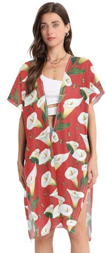 Leichte Kimono-Strickjacke für Damen, Blumenmuster, Calla-Lilie, Rot, lange Überzüge für Badeanzüge, Strandkleidung, Größe L, Blumenblumen, Calla, Lilie, Rot, Größe L, Blumenblumen, Calla-Lilie, Rot,
