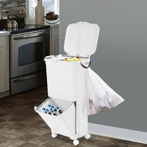 LOYEMAADE Sistemas de separación de basura, cubo de basura de 45L con 2 compartimentos para la cocina con ruedas, armario de separación de basura con compartimentos basculantes de 45°, diseño de doble