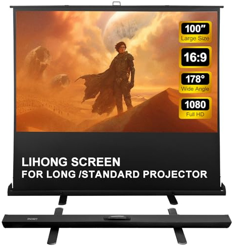 LIHONG Screen 100 inch 16:9 Portable Manual Pull Up Floor Rising Projector Screen Indoor & Outdoor HD Matte White for Long Standard Projection Fast Setup for Home Theater Movies,Classroom,Office