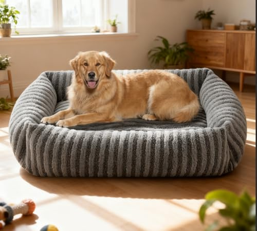 Pawk Hundebett große Hunde, Hundebett Waschbar abnehmbar mit Erhöhte Ränder, rutschfeste Hundekorb mit bequemem Kaninchenwolle-Bezug, 76 x 61 x 20 cm