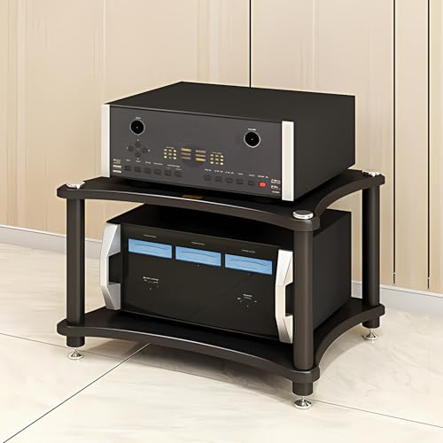 RAJYQODIS Heavy Duty Audio Component Rack, Large Storage Space AV Media Stand with Shock-Absorbing Foot pegs, Audio Rack Tower CD Player Stand for Home/Office/Audio Video/Theate (Black, 2nd)