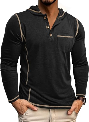 YawYews Tee Shirt Homme Manche Longue à Capuche Tshirt avec Poche Polo Long Sleeve Léger Regular Fit M-3XL