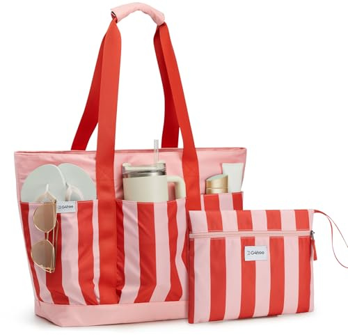 G4Free Beach Bag,Waterproof Beach Tote Pool Bags for Women,Large Capacity Foldable for Weekender Travel- Red stripe