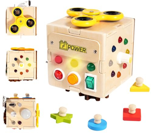 WRQIOO Montessori Würfel, 6-in-1 Motorikwürfel, Montessori Spiel undLernwürfel, Holz Busy Cube Montessori für ab 1 2 3 Jahr Sensorik Spielzeug und Motorische Fähigkeiten Entwickeln für Kinder
