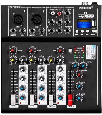 4-Kanal-DJ-Sound-Mixing F4 Mixer Bluetooth PC USB Wiedergabe Aufnahme 48V Contoller Mischpult,Ultrapräzise